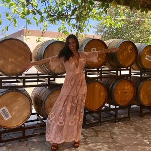 Pink boho lace maxi dress.